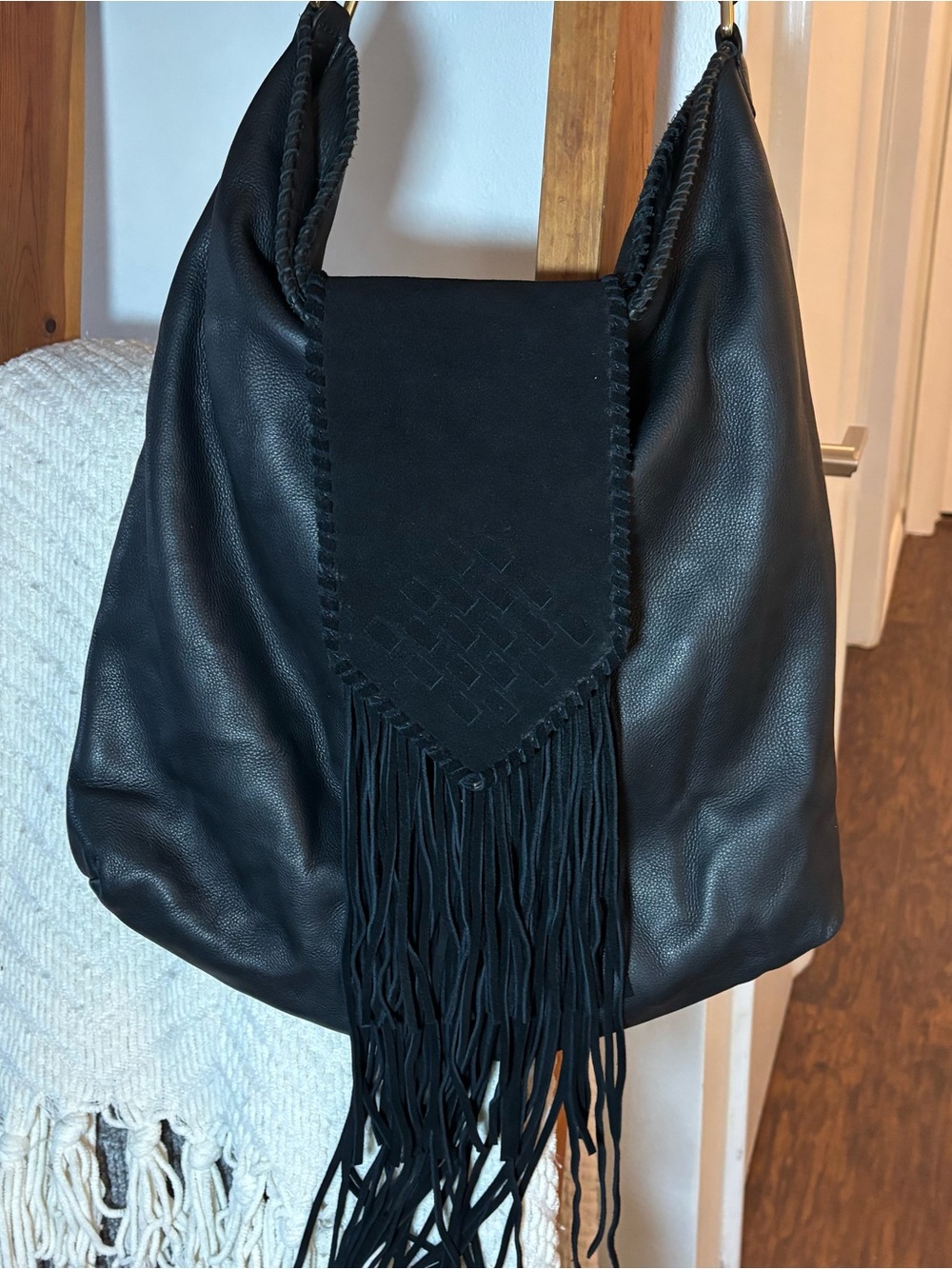 Margot New York Black Suede & Leather Fringe Hobo Crossbody Bag Boho Festival